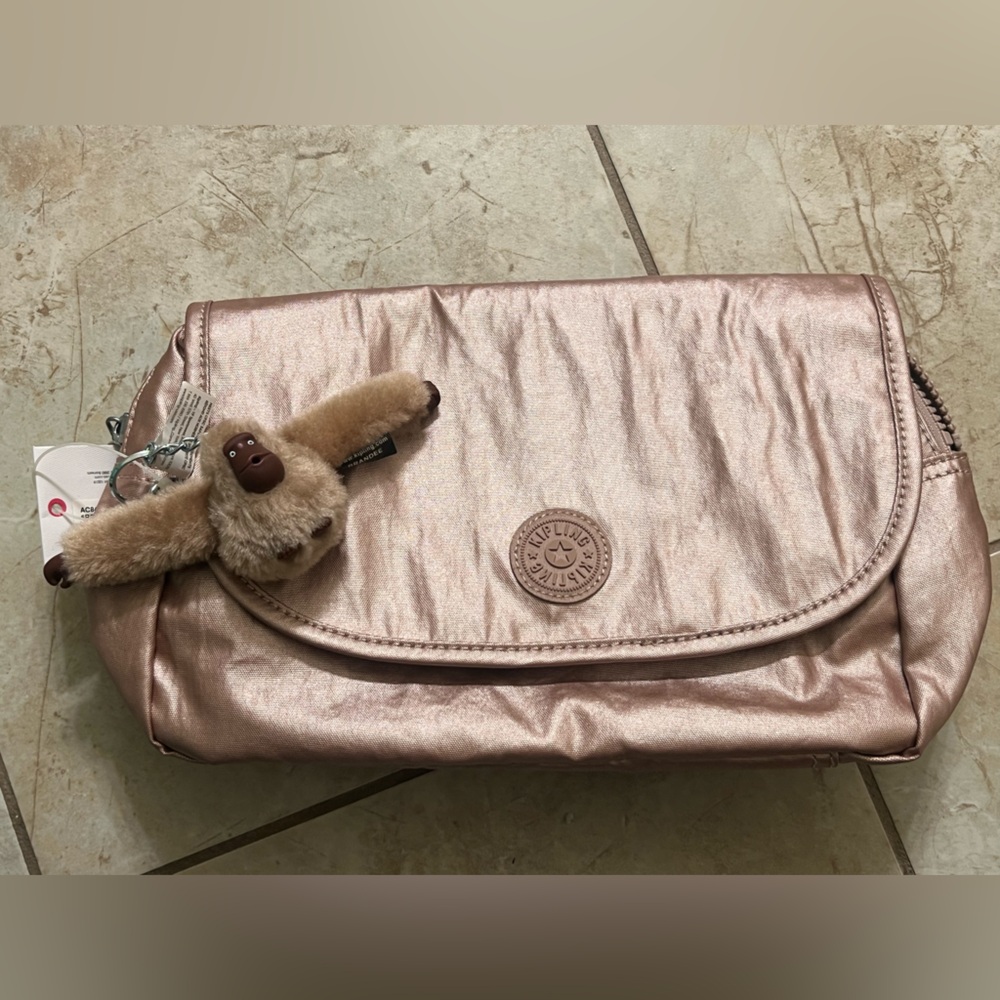 Kipling Shimmering Rose Cosmetic Makeup Bag Monkey Keychain NWT